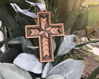 Rustic Wooden Layered Cross Ornament, Handmade Christian Home Accent, Farmhouse Decor, Faith & Religious Keepsake Gift