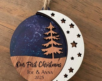 Custom Family Christmas Ornament 2025: Galaxy Acrylic, Cherry Wood