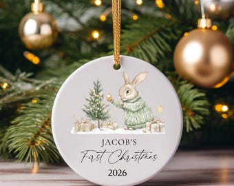 Custom Baby's First Christmas Ornament: Bunny in Sweater