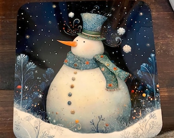 Christmas Coaster Set, Holiday Coasters, Whimsical Christmas, Santa Claus, Snowman, Winter Village