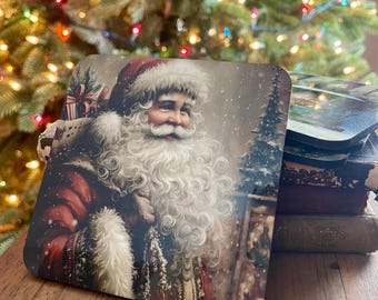 Vintage Santa Christmas Coaster Set, Snowy Cottage, Rustic Holiday Decor