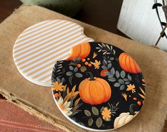 Halloween Fall Autumn Car Coasters: Pumpkins Ghosts Orange Sandstone Cup Holder Accessories
