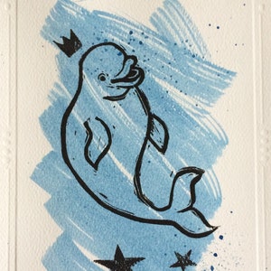 Béluga - Carte de souhaits, linogravure originale sur aquarelle, imprimée à la main, gravure, illustration imprimée par l'artiste, Noël