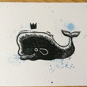 Cachalot - Carte de souhaits, linogravure originale sur aquarelle, imprimée à la main, gravure, illustration imprimée par l'artiste, Noël