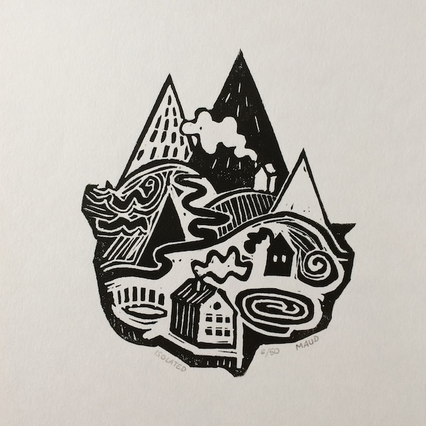 ISLAND - Original, hand printed linocut / Limited edition, block printing, gravure printed by the artist, black ink lino print, unique