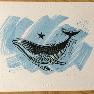 Whale - Greeting card, hand printed linocut on watercolor, block printing, gravure printed by the artist, art, linoprint, Christmas card