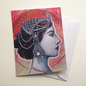 Mata Hari - Carte de souhait, format 4,25x5,5", fini mat, portrait de femme, carte illustrée, imprimé, steampunk, danseuse énigmatique, 1900