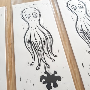 Petit Poulpe - Linogravure originale, imprimée à la main / Édition limitée, gravure, illustration imprimée par l'artiste, octopus