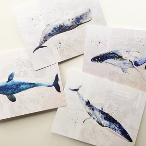 Baleines - 4 cartes de souhaits format 4,25x5,5", ensemble de 4 cartes illustrées, fini mat, imprimé, reproductions d'oeuvres, art, beluga