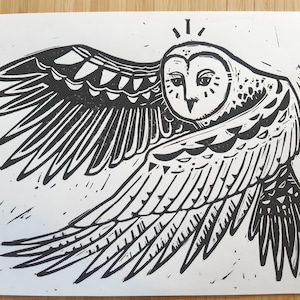 OWL - Original, hand printed linocut / Limited edition, block printing, gravure printed by the artist, black ink lino print, unique