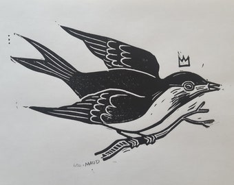 BIRD I - Original, hand printed linocut / Limited edition, block printing, gravure printed by the artist, black ink linoprint, unique