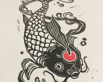 KOI CARP - Originele handgedrukte linosnede / Gelimiteerde oplage, door de kunstenaar gedrukte illustratie, vis in zwarte inkt