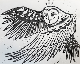 OWL - Original, hand printed linocut / Limited edition, block printing, gravure printed by the artist, black ink lino print, unique