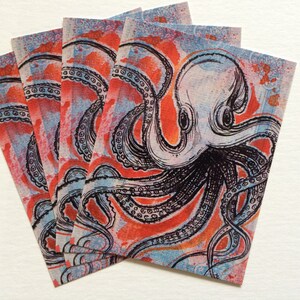 Octopus - Carte Postale d'Art, poulpe, format 4,25x5,5", fini glacé, carte postale illustrée, décoration, imprimé, portrait animalier, océan