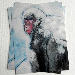 Hiver/ Macaque Japonais - Carte Postale d'Art, format 4,25x5,5", fini glacé, carte postale illustrée, déco, imprimé, portrait, animal, singe