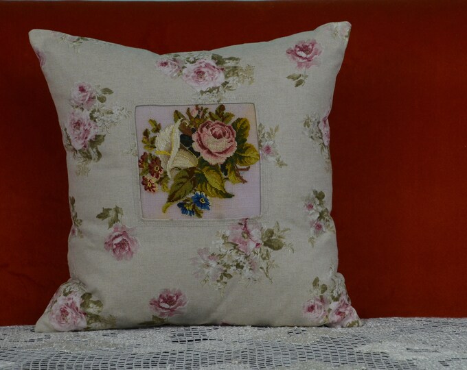 blue and red flowers and leaves. Petit Point arum lily handmade pillow cushion with vintage Petit Point of a rose
