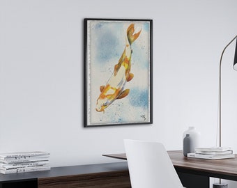 May include: A modern home office with a wooden desk, two white chairs, and a floor lamp. A framed watercolor painting of a koi fish hangs on the wall.