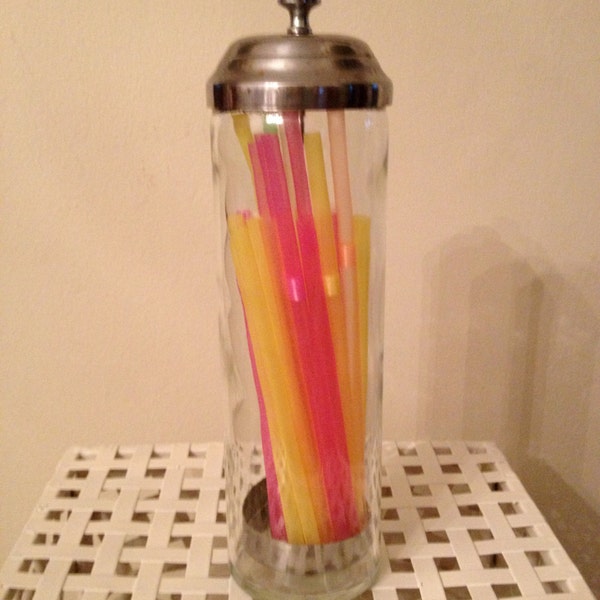 Retro Look Glass Straw Dispenser with Metal Lid