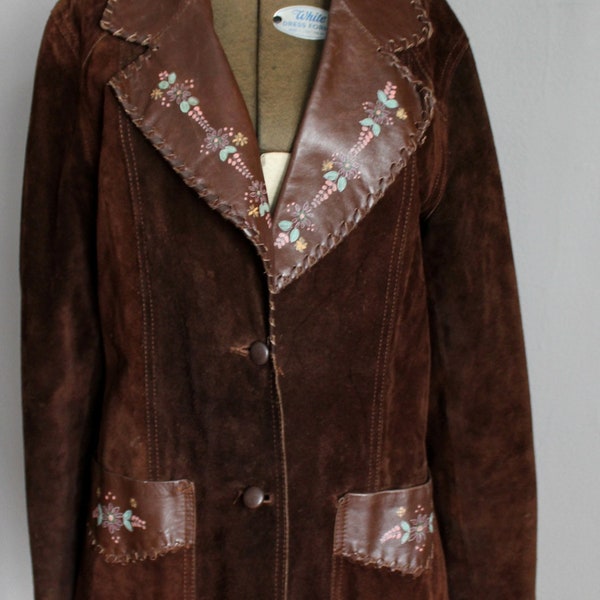 60s Hand Painted Chocolate Brown Suede Leather Hippie Jacket Whipstitched Mexico Whipstitch Southwest Santa Fe Blazer