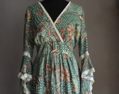 70s Angel Wing Floral Stevie Nicks Maxi Dress Hippie Boho Summer of Love Extra Long Sleeves Gypsy Green Flowers Lace Festival