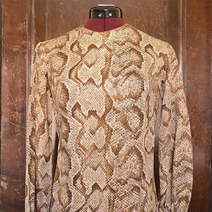 May include: A brown and white snakeskin print dress with long sleeves and a round neckline.
