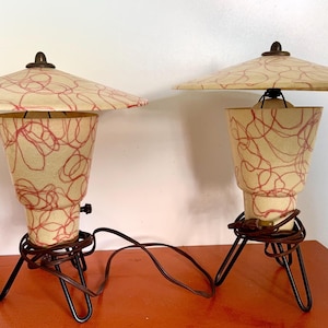 RARE Vintage Atomic 1950s Flying Saucer Lamps Lights Red Jetsons Op Art Geometric MCM Mid Century Modern 50s Futuristic Mod