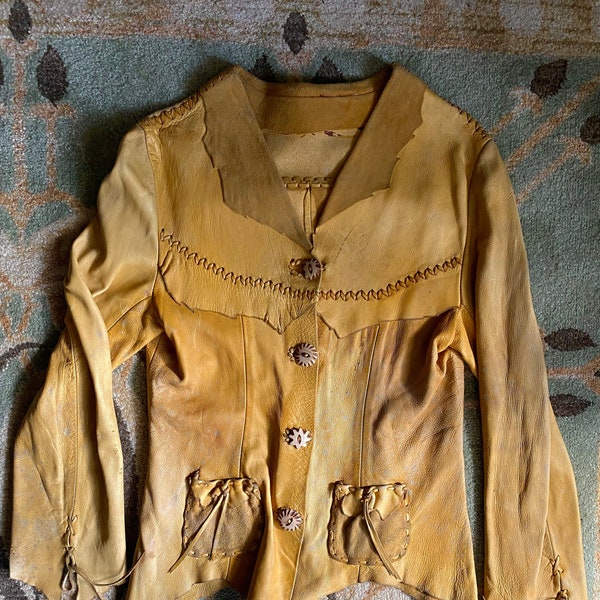 70s hecho a mano miel oro ante cuero y chaqueta de ante unisex cosido a mano trenzado