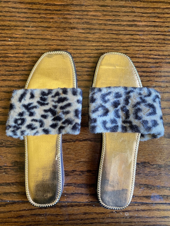 60s Leopard Cat Faux Fur Slippers Metallic Gold Soles Sandals Boudoir