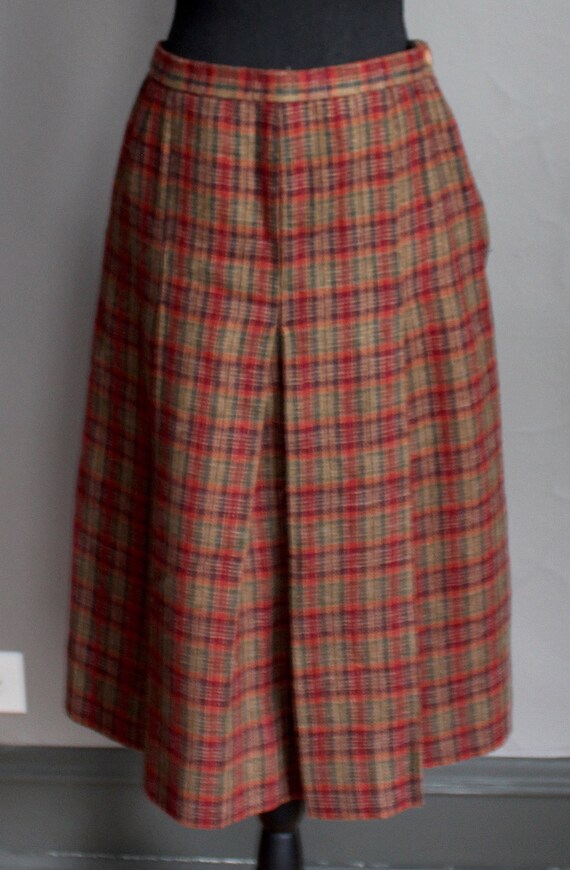 70s Plaid Wool Brown Rust Midi Skirt Satin Lining… - image 2