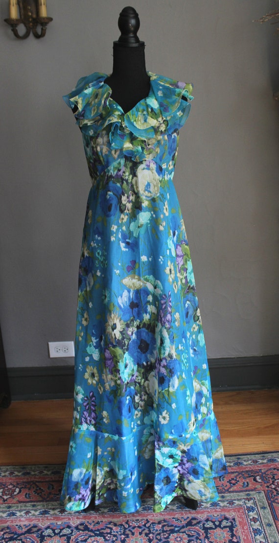 60s Floral Chiffon Ruffled Halter Maxi Dress