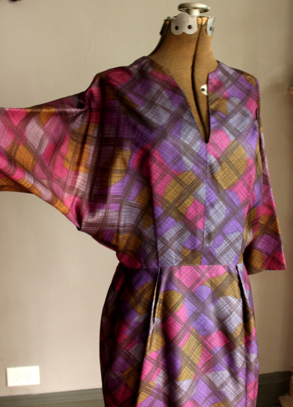 60s Long Batwing Sleeve Taffeta Wiggle Midi Dress… - image 2