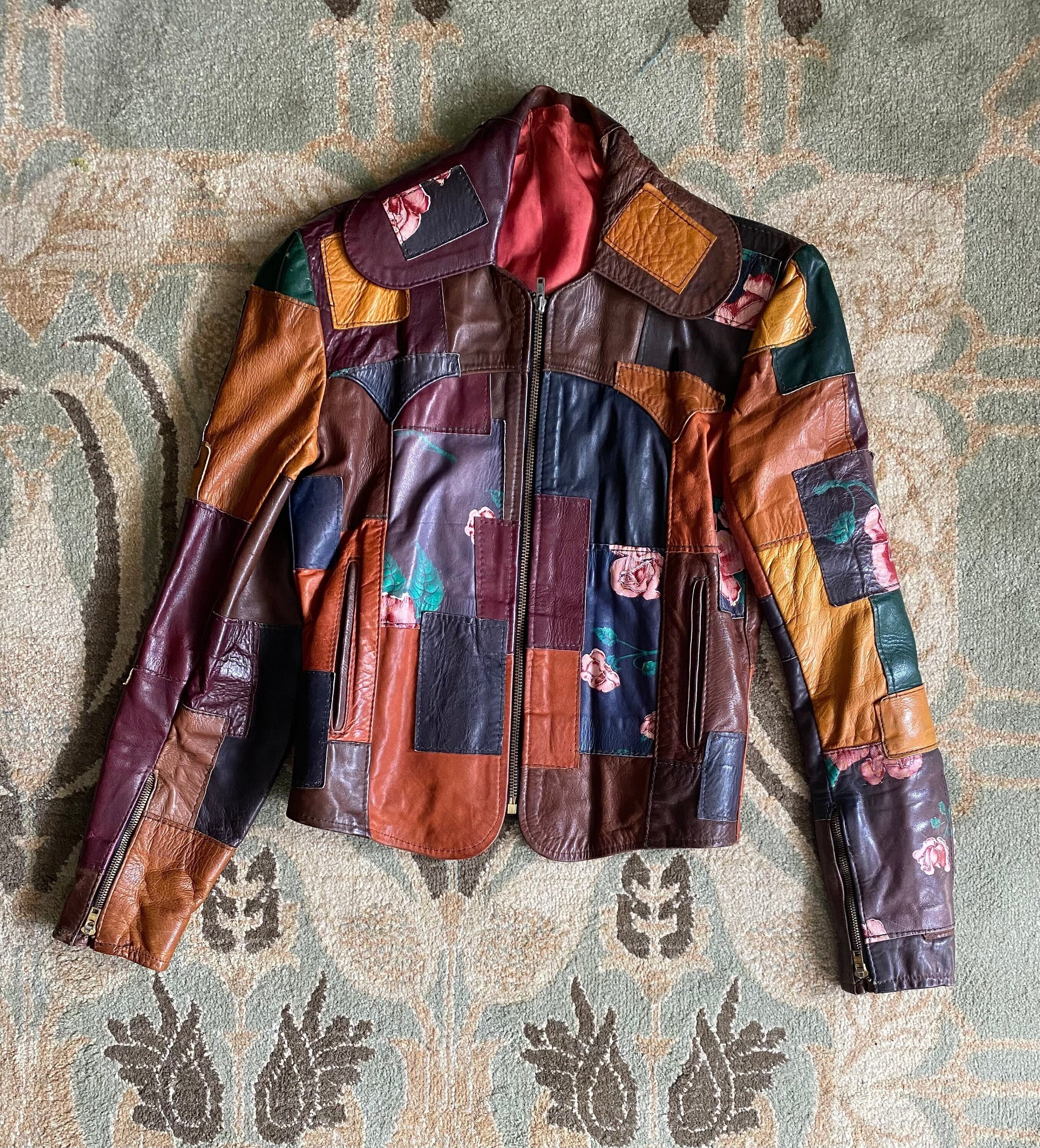 70s Gandalf the Wizard Patchwork Rocker Leather Jacket Roses -  Israel