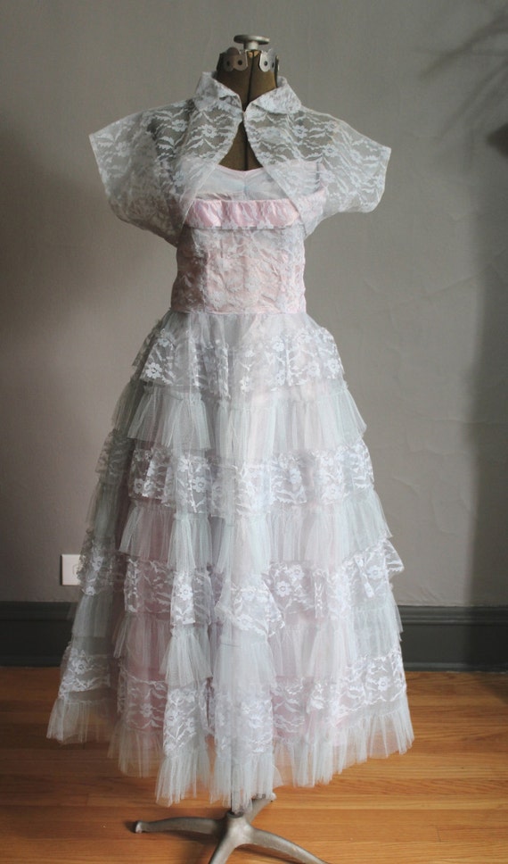 1950s Tulle Lace Prom Evening Dress Full Circle Mi
