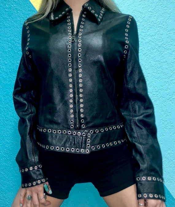Black Genuine Leather Jacket Grommets Studded Ronc
