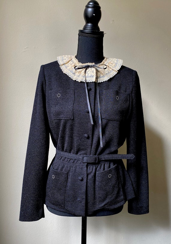 Vintage Gothic Lace Collar Black Belted Jacket Les