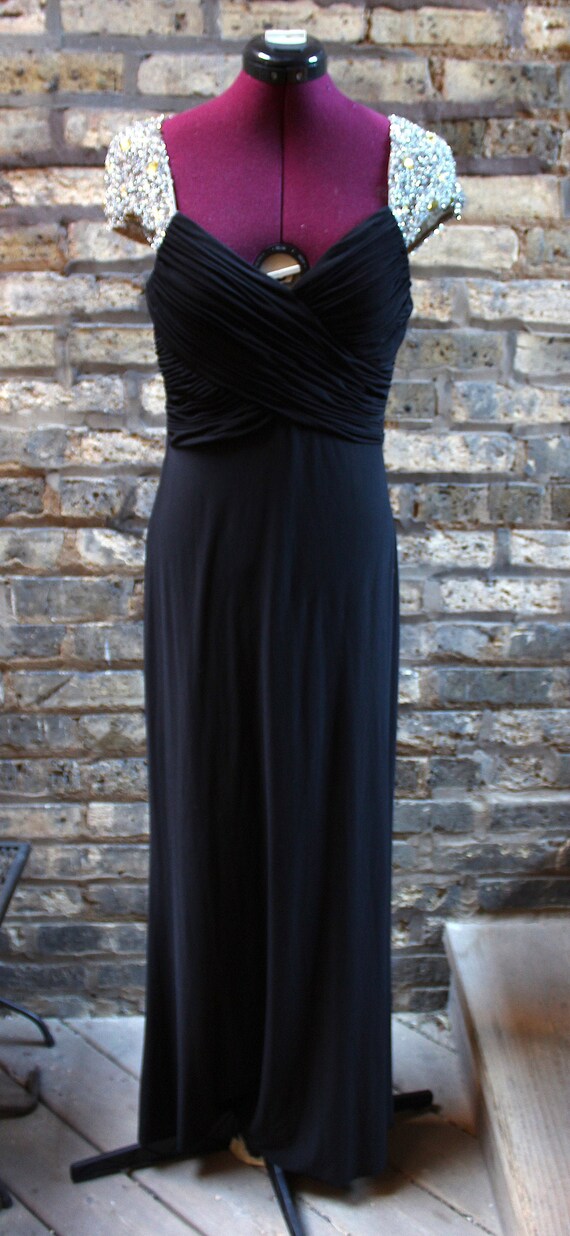 Black Fitted Evening Maxi Dress With Embroidered Beaded Shoulders Cap  Sleeves Burlesque Glamour 30s Revival Art Deco Sequins Rhinestones - Etsy