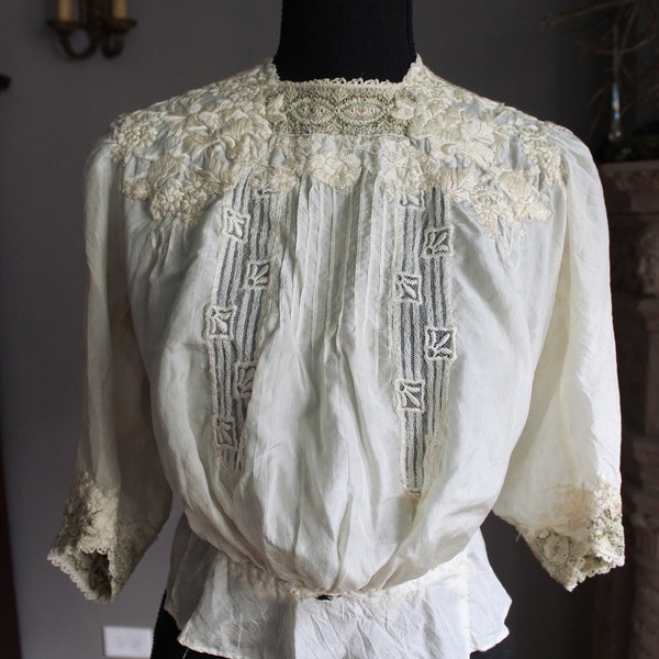 RARE 1900s Antique Lace blouse 1910s Edwardian Victorian Embroidered Crocheted  Silk Wedding Art Nouveau Belle Époque Cream White