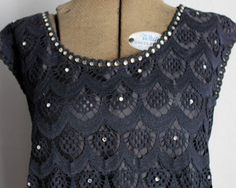 60s Black Scallop Lace and Rhinestone Studded Midi Sleeveless Shift Dress Crocheted Medium to Large