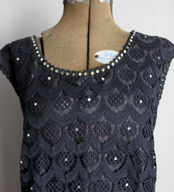 60s Black Scallop Lace and Rhinestone Studded Mid… - image 1