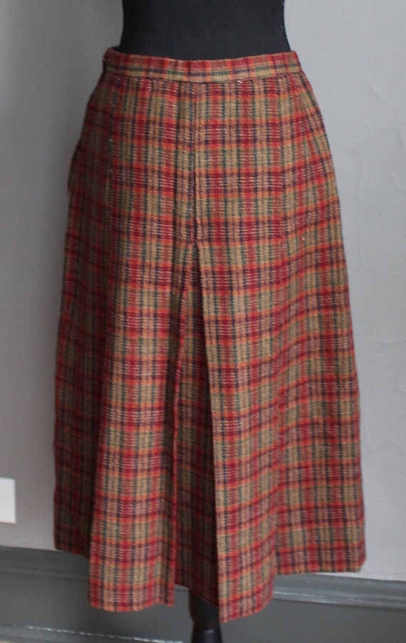 70s Plaid Wool Brown Rust Midi Skirt Satin Lining 