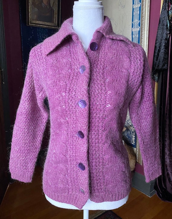 50s Violet Purple Mohair Wool Halberd Cardigal Sw… - image 1