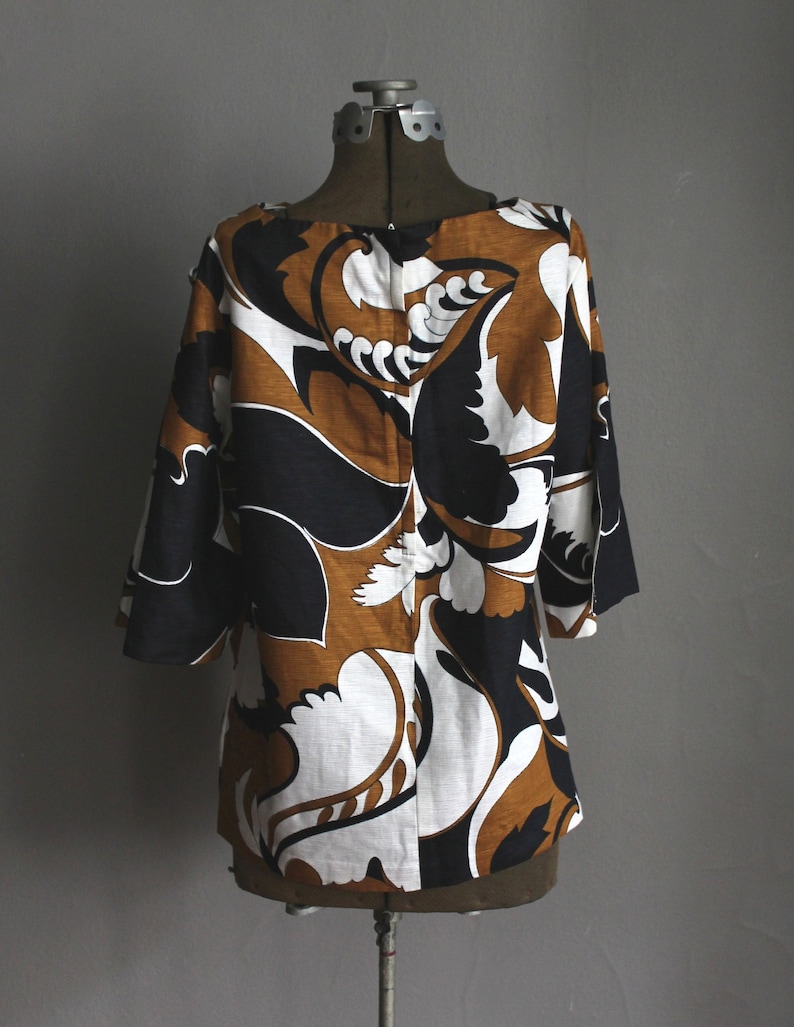 60s Robert Allan Designer Pucci Era Top Blouse Tunic Black White and Bronze Brown Op Art