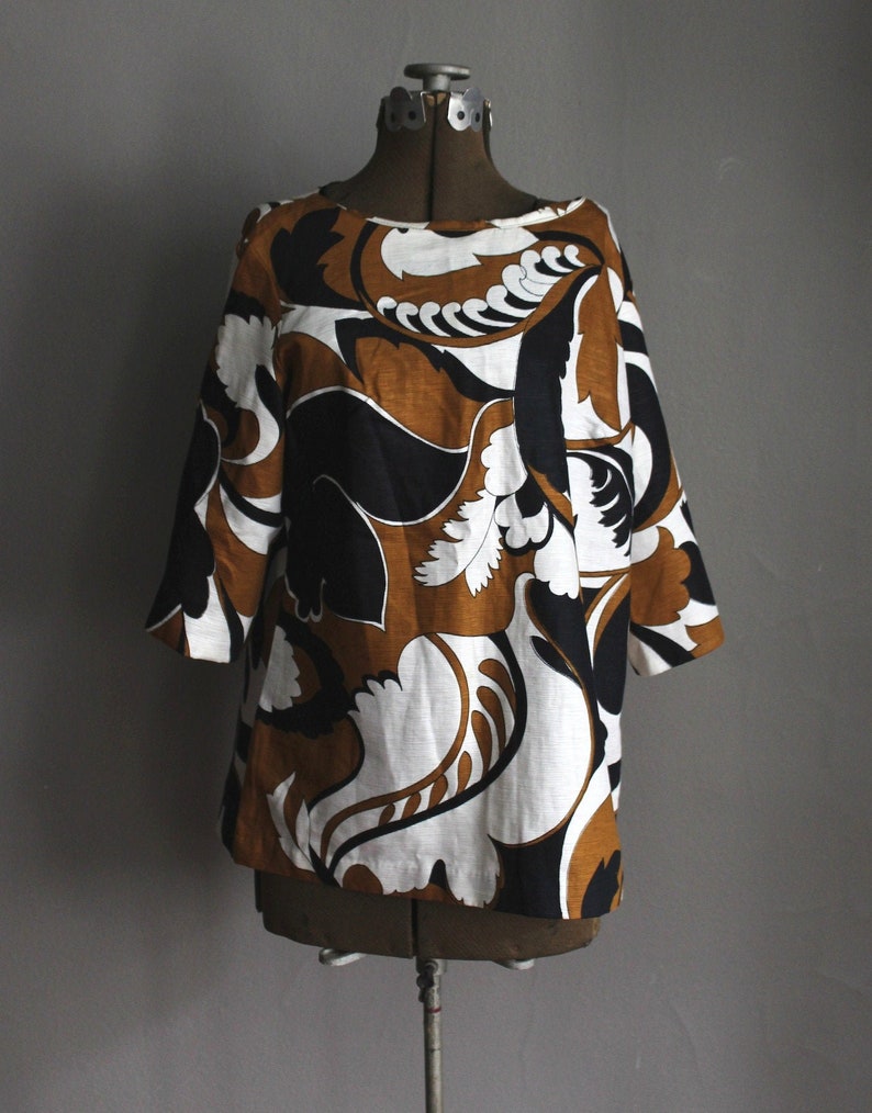 60s Robert Allan Designer Pucci Era Top Blouse Tunic Black White and Bronze Brown Op Art