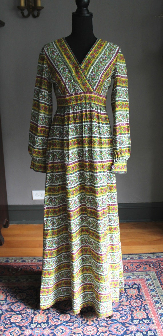 70s Psychedelic Floral Wrap Bodice Maxi Dress Hipp