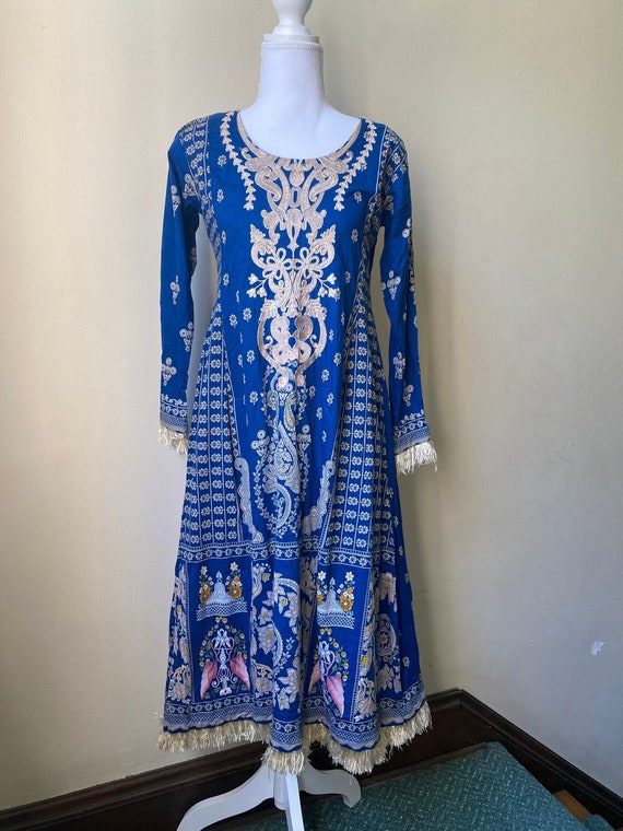 Indian Cotton Ethnic Midi Dress Blue Yellow Floral