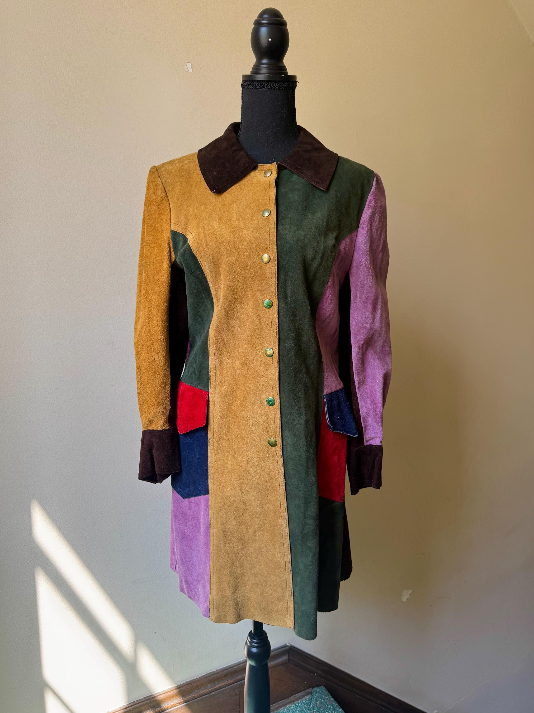 60s Mod Colorblock Patchwork Suede Leather Coat Jacket Peter