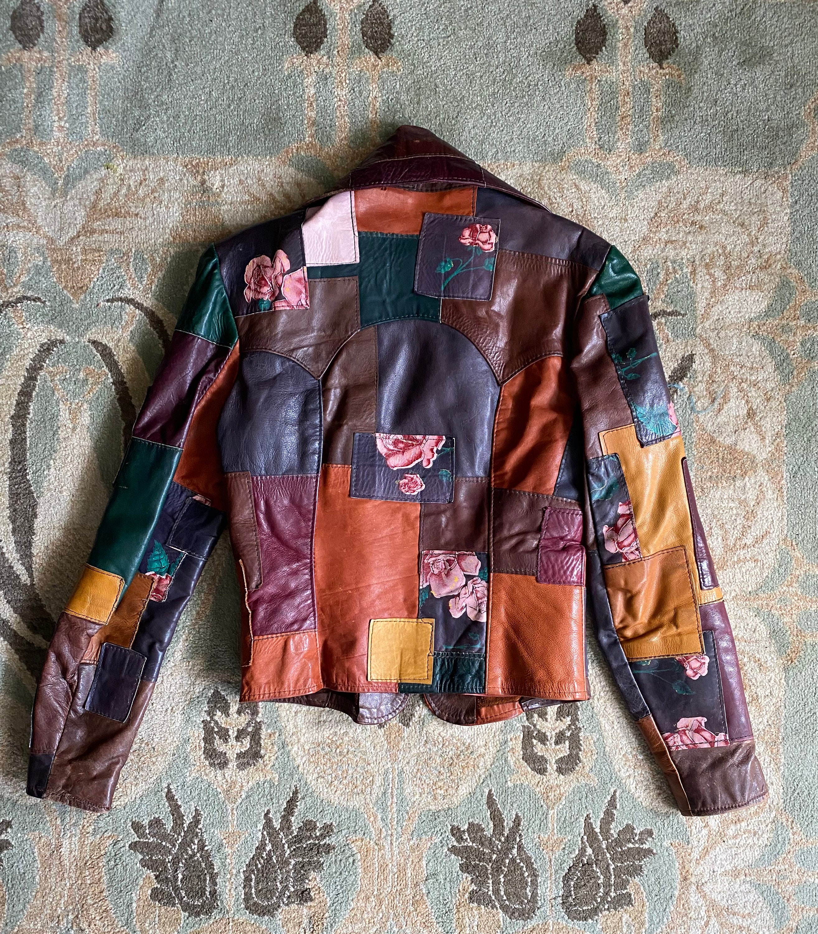 70s Gandalf the Wizard Patchwork Rocker Leather Jacket Roses -  Israel