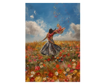 May include: A woman in a blue and red dress with a long, flowing scarf dances in a field of colorful wildflowers. The sky is blue with white clouds and petals are falling from the sky.