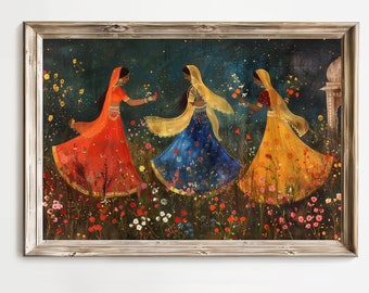 Vintage Mughal Art Print: Indian Women Dancing (Digital Painting)