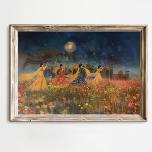 Mughal Inspired Indian Wall Art Painting of Indian girls running in a field of flowers, in front of Mughal fort, clad in lehgnas. Set in the night under a starry sky